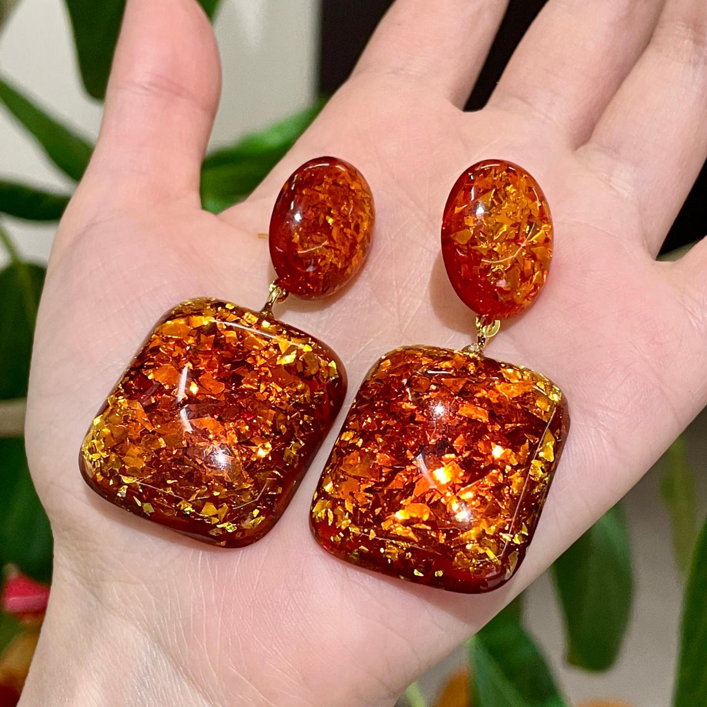European & American High-End Orange Sequin Square Earrings 2026 - Light Luxury Ear Studs