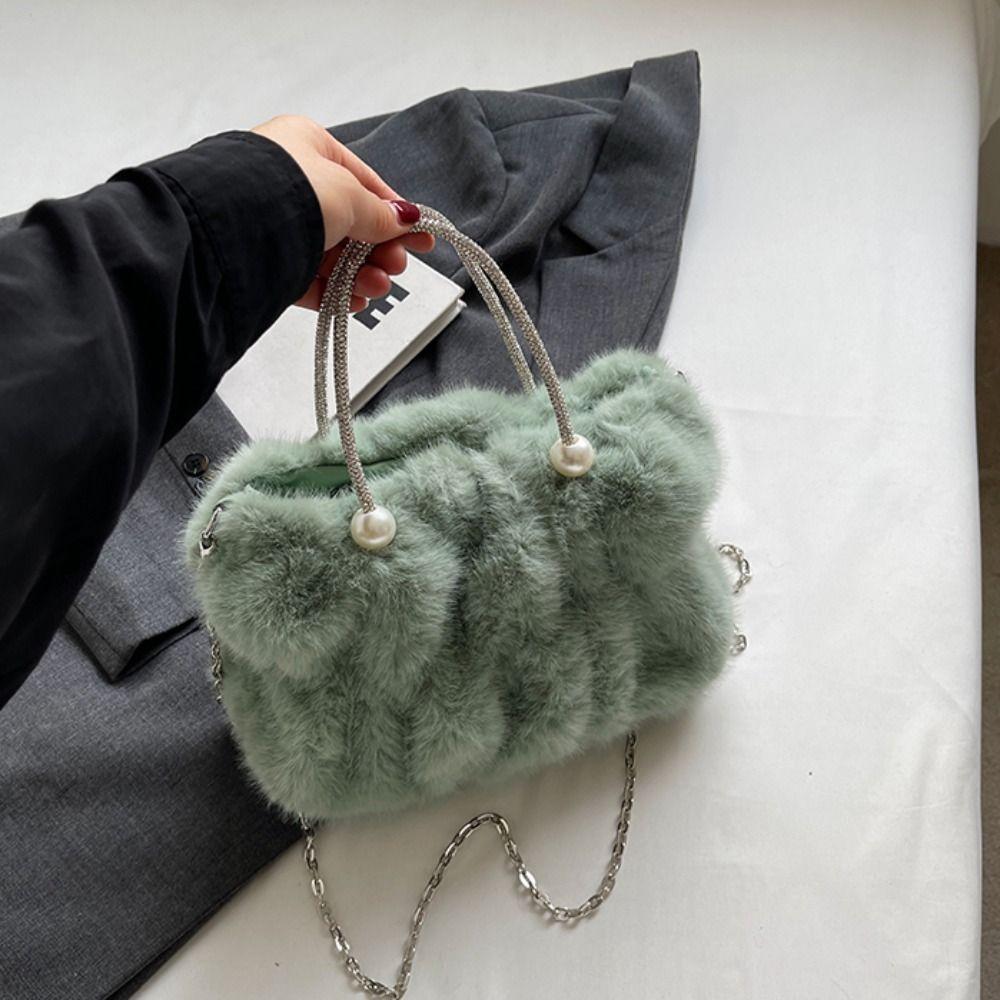 Luxury Chain Winter Fluffy Handbag Solid Color Faux Fur Crossbody Bag Girls