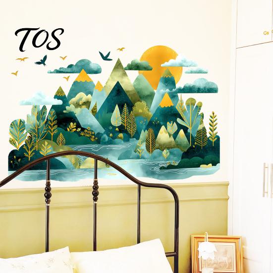 Easy Installation Wall Graphics 2Pcs Watercolor Mountain Sticker, Peel And Stick Landscape Decal, PVC Waterproof Scenery Boho Stickers Mural,