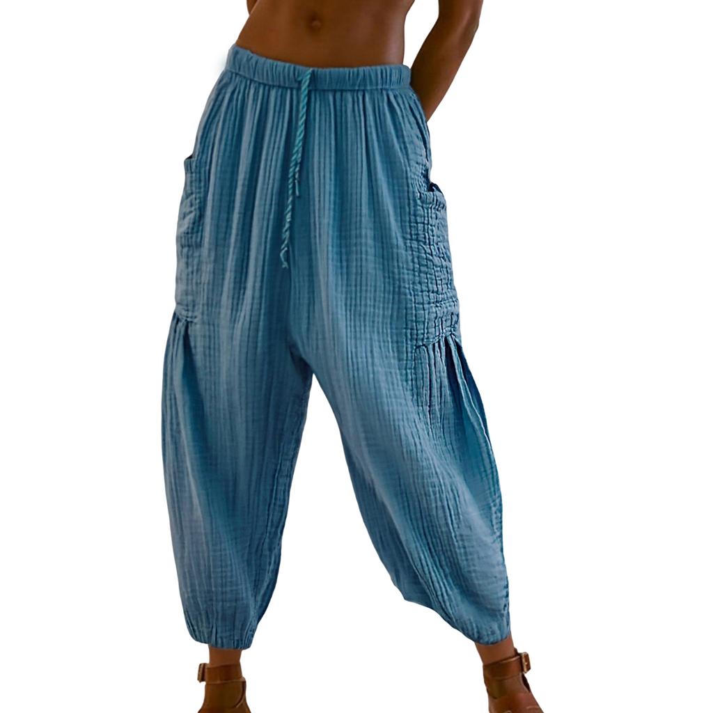 Women's Fashion Striped Straight,Leg Elasticated Waist Cropped Pleated Casual Trousers