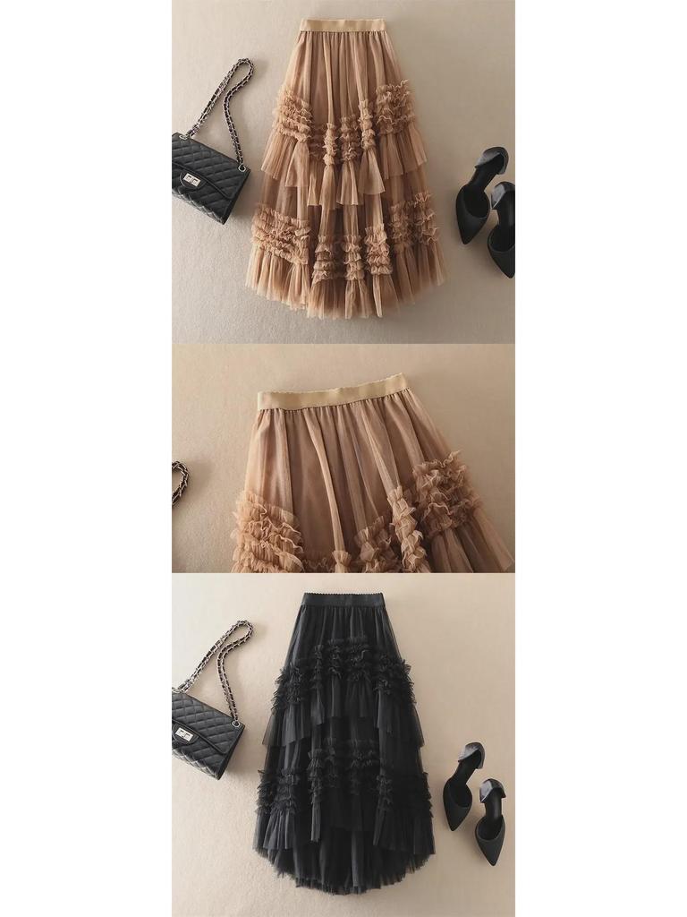 Fustă romantică neregulată din plasă în stil victorian 2025