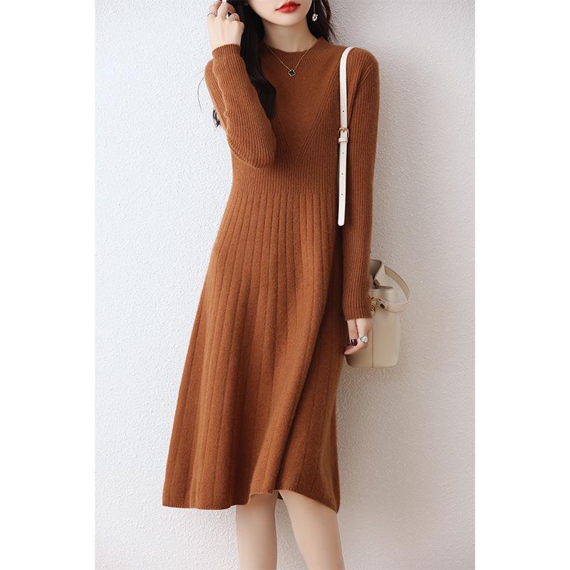 Women's Wool Round Neck Long Sweater Dress - Autumn/Winter Slim Knit Versatile Outerwear