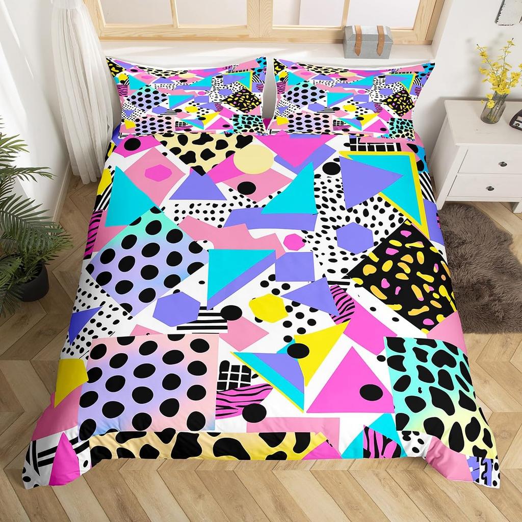 Memphis Geometric Duvet Cover Twin KingRetro Style Round Triangle Shapes Quilt Cover Colorful Graphic 80s 90S Style Bedding Set