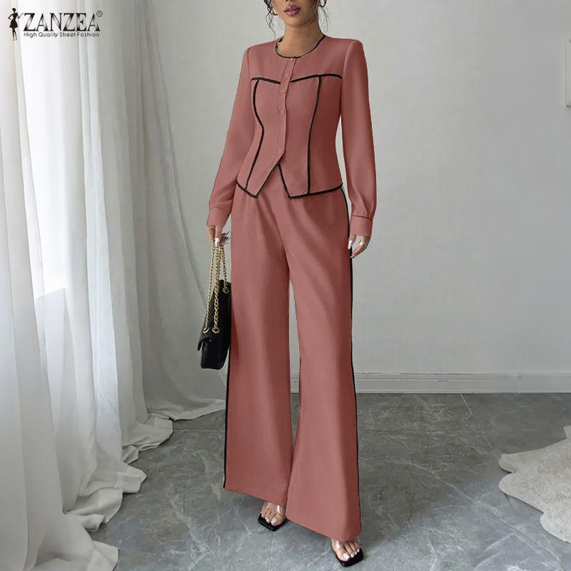 ZANZEA Damen Langarmbluse und Hose Elegante zweiteilige Anzugsets