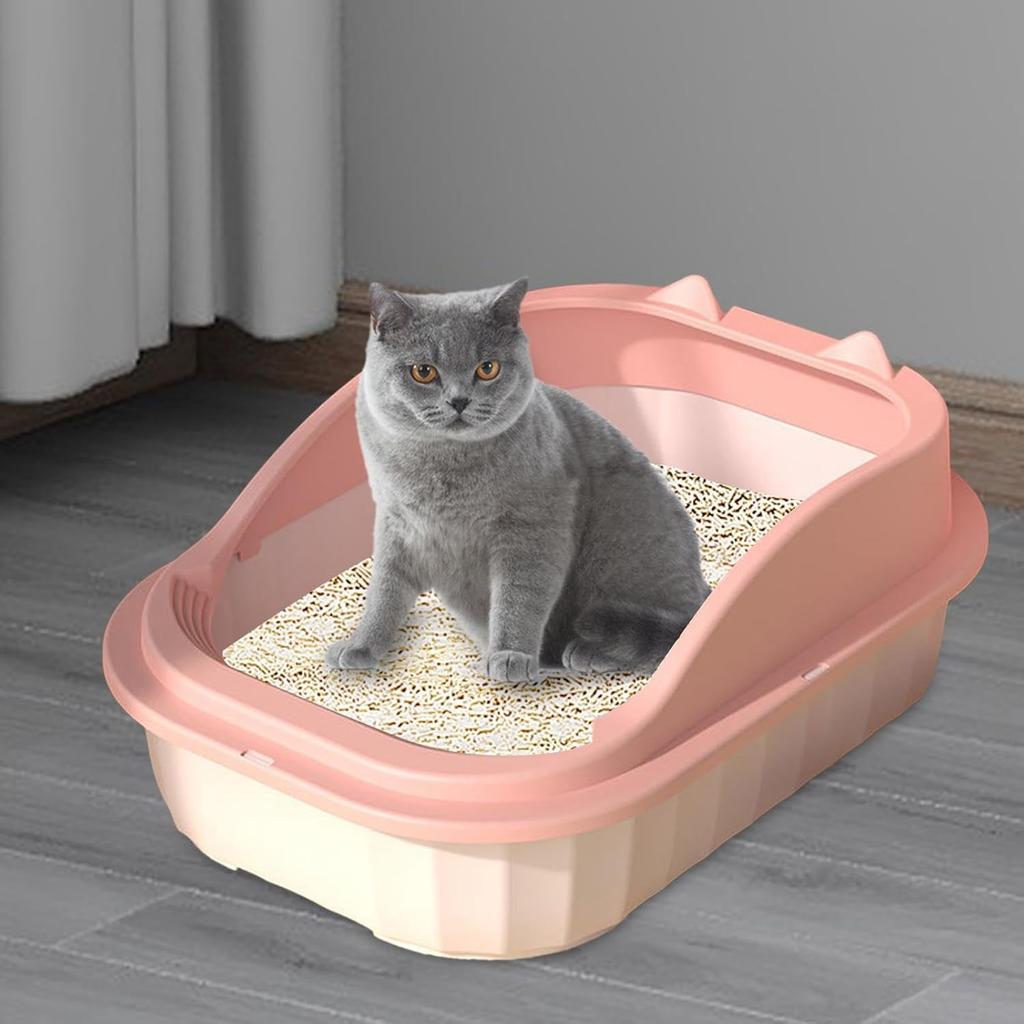 Cat Litter Box Open Top Pet Litter Tray High Sided Litter Pan Splashproof Cat Sand Box Bedpan Potty Toilet for Kitten Small Animals Hamsters, Pink L