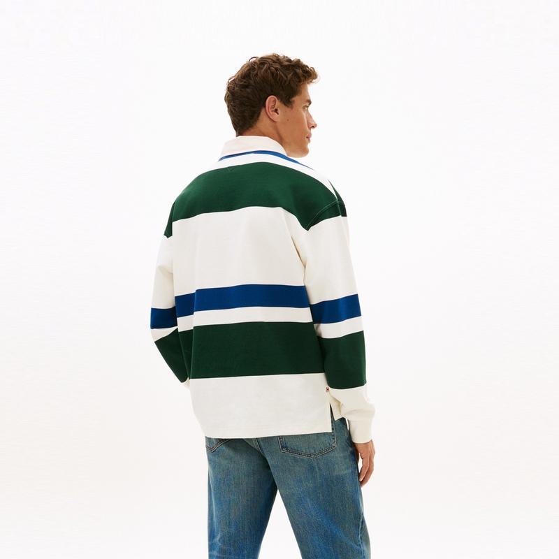 Tommy Hilfiger American Style Floral Embroidery Striped Loose Long Sleeve Polo Shirt Men Tops MW0MW43064