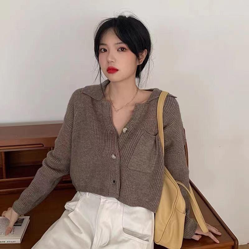Korean Style Women's Knit Cardigan: Autumn/Winter 2024 Short Single-Breasted Sweater with Pockets