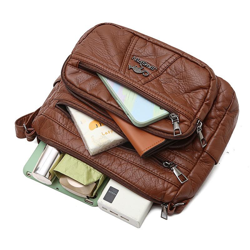 Retro Soft Leather Women's Bag New Leather Texture Large Capacity Multi-layer Small Square Bag Single Shoulder Messenger Bag Medium Mother Bag