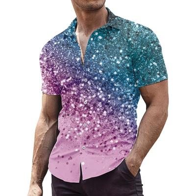 Men's Gradient Color Contrast 3D Printed Short Sleeve Breathable Stretch Shirt