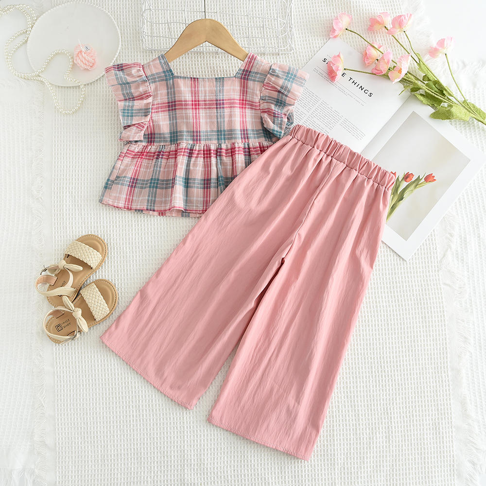Girls Summer Fresh Sweet Casual Suit Short Sleeved Top+solid Wide Leg Pants Two-piece Set