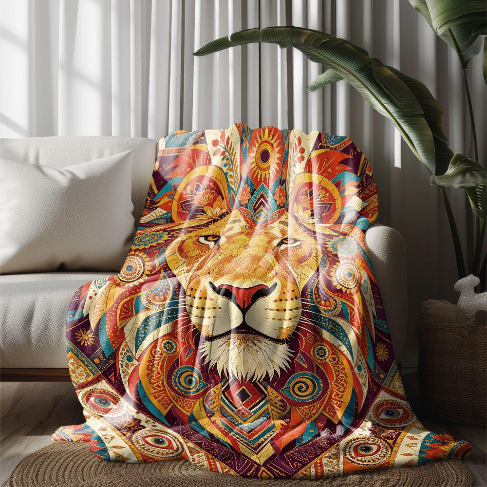1pc Ethnic Retro Lion Print 230g Flannel Blanket, Soft Cozy Throw Blanket For Sofa Leisure And Relaxing Nap Time
