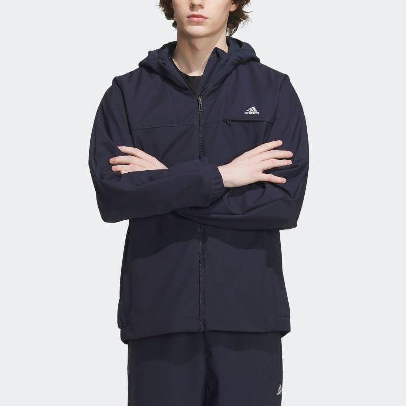 Adidas Solid Color Logo Print Zip-Up Hooded Jacket Men Outerwear Navy-Blue IK7348