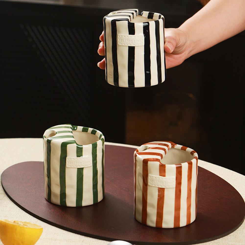 Modern Striped Ceramic Coffee Cup Hand Painted Simple Flower Tea Cup Household Breakfast Milk Mug Couple Mug Birthday Present Household Decoration