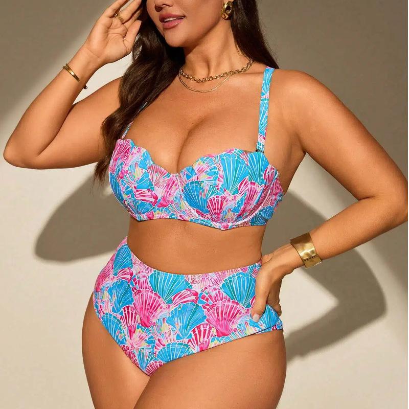 Women's Plus Size Underwire Push Up Bikini Set, Seashell Print High Waist Two Piece Swimsuit