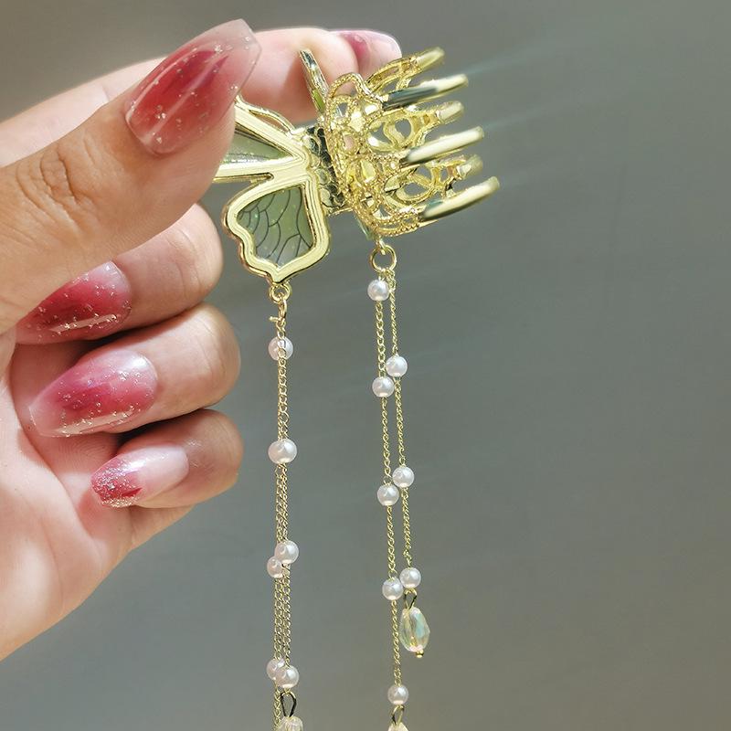 Koreanische Haarspange mit Kristall-Schmetterlingsperlen und Quaste – Haarschmuck aus Metall für Frauen
