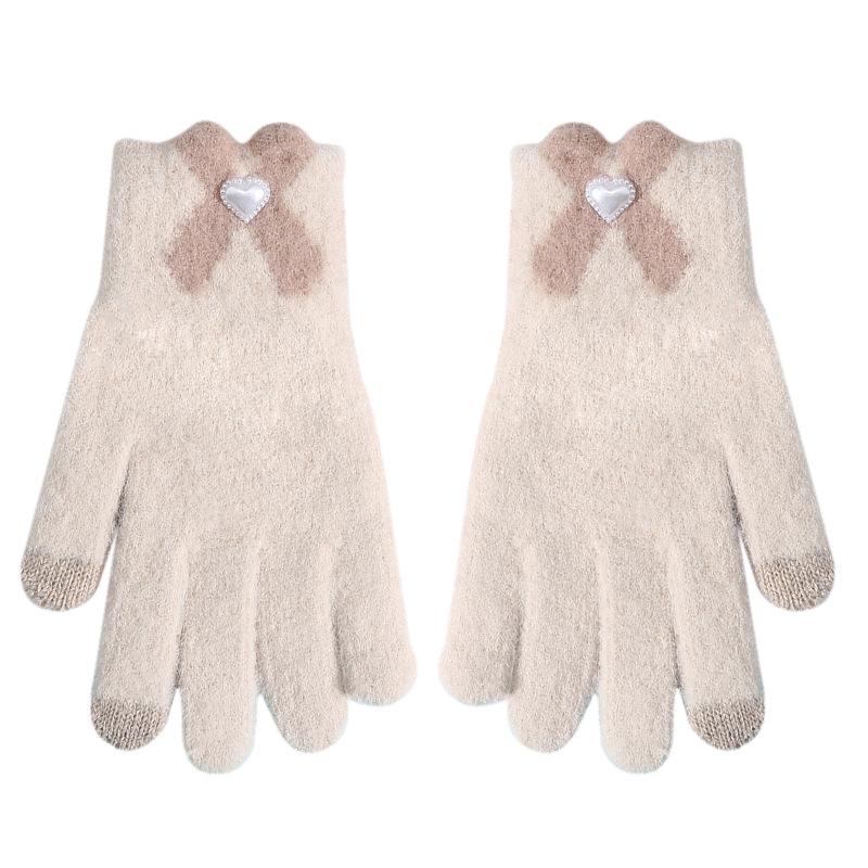 New Knitted Warm Gloves for Women In Winter Cute Bow Touch Screen Five Fingers