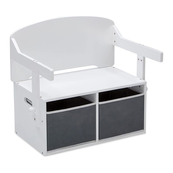 GINGER HOME – Banc enfant 3 en 1 avec bureau et rangements | Bois blanc et gris | Siège, table et coffres de rangement
