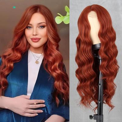 Long Wavy Wine Red Synthetic Wig For Women's Heat-Resistant Natural Half Part Cosplay Party Lolita Wig
