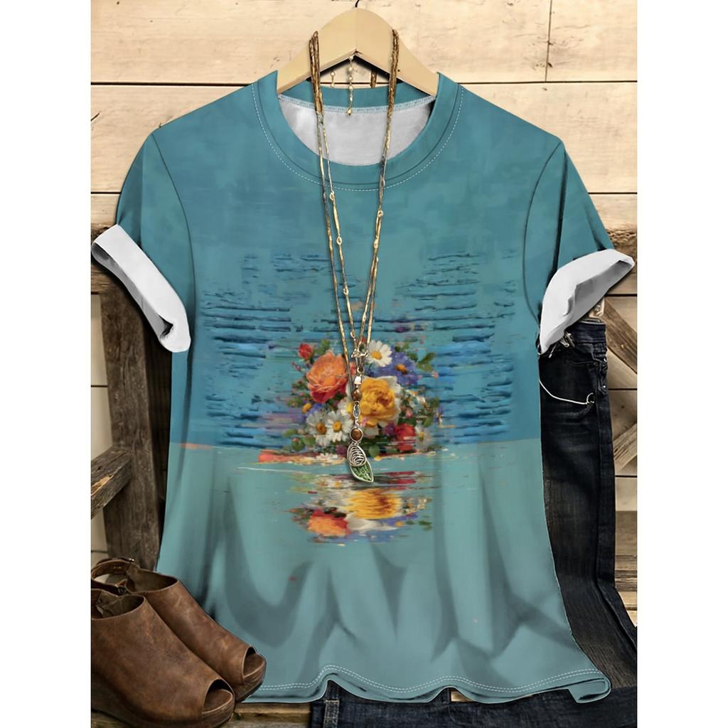 Letní dámské tričko s kulatým výstřihem, květinovým vzorem a 3D potiskem, módní, ležérní, s krátkým rukávem
