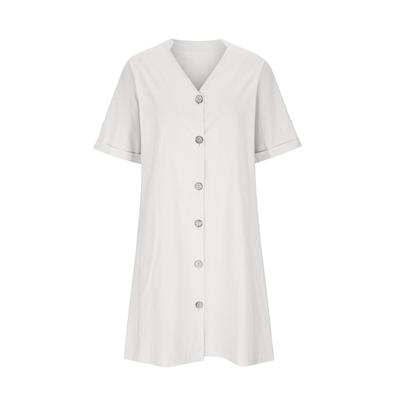 Women's Fashion Washed Cotton Short Sleeve Mid-Length Single-Breasted V-Neck Loose Solid Color A-Line Skirt