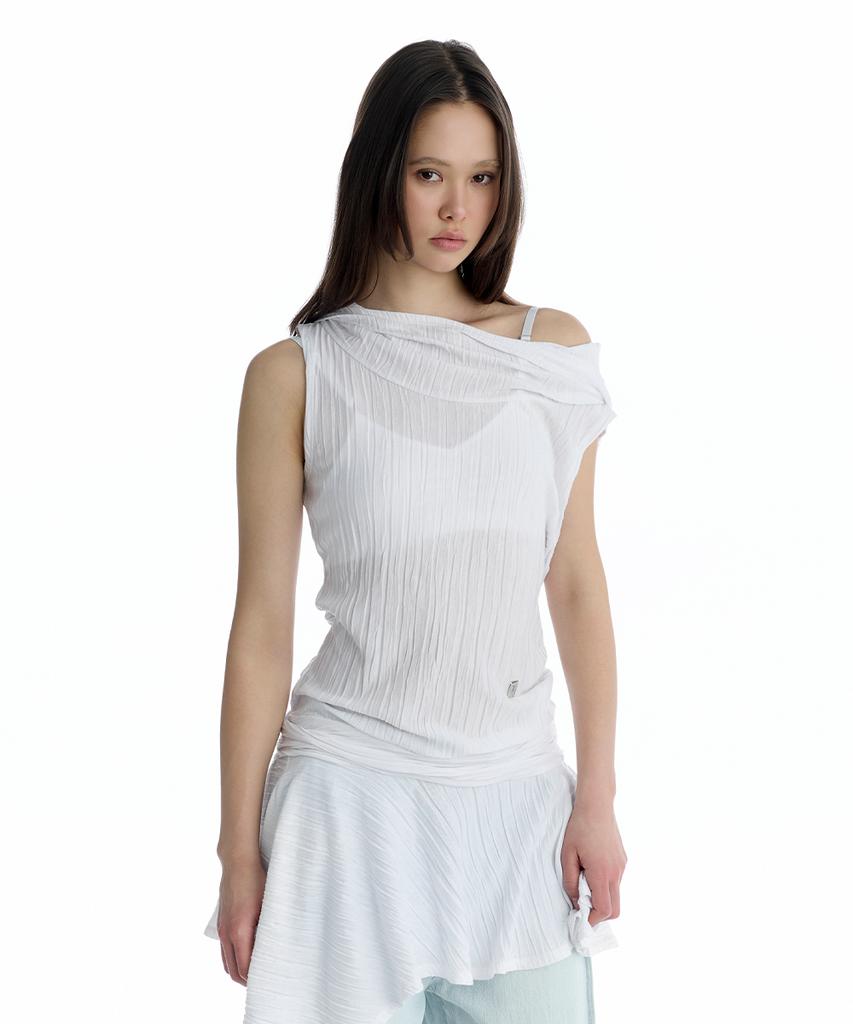 Teulimingbeodeu Crinkle Draped Hooded Sleeveless Dress [ White ]