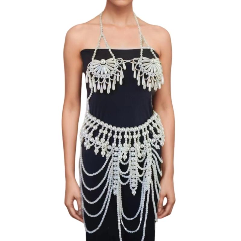 Multi Layered Beaded Tassels Bra Jewelry Set with Alloy Pearls Trendy Body Chain For Rave Beach Party Accessories