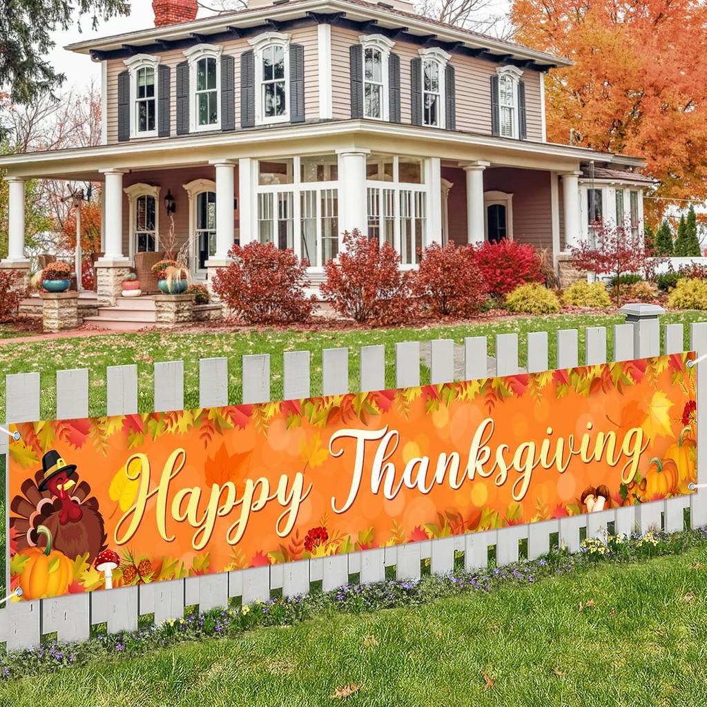 Large Thanksgiving Banner Decorations Outdoor 120x20 Inch,Turkey Maple Leaf Pumpkin Decorations Happy Thanksgiving Yard Banner for Indoor Home House
