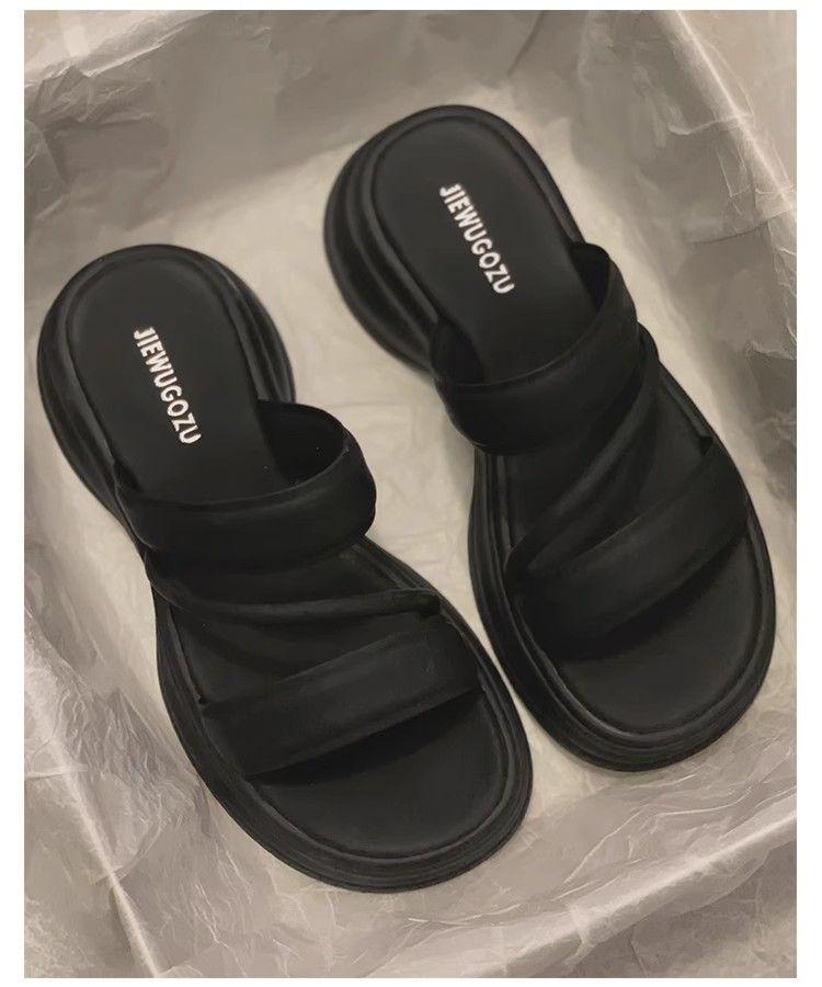 

Summer new high-end thick-soled cool slippers women s wear non-slip casual versatile muffin high-heeled heightening sandals women s shoes 35 чёрный