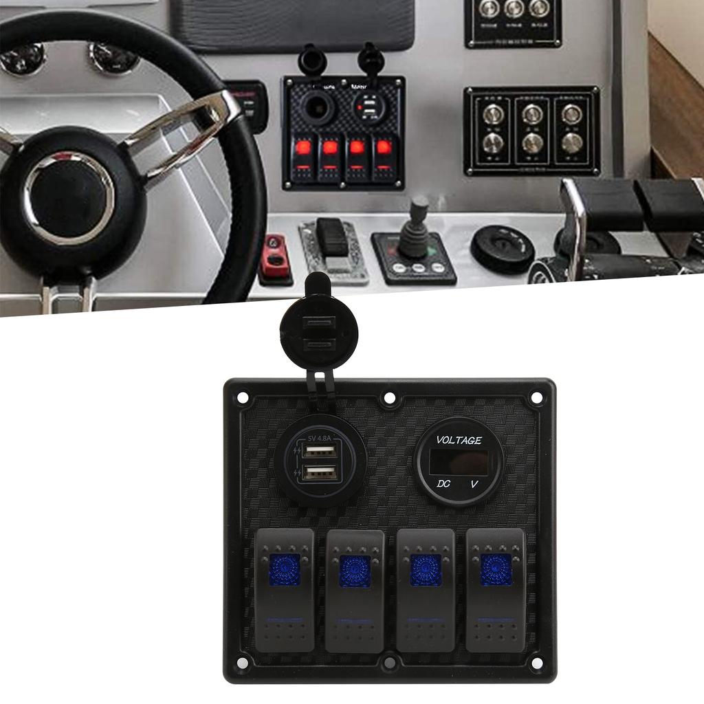 4 Gang Rocker Panel 5Pin with Voltmeter 4.8A Dual USB Fast Charging Slot for Car RV Yacht