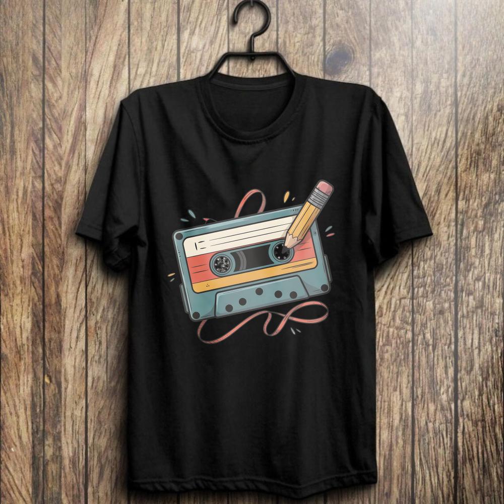Retro Cassette Tape Printing Tshirt 80s 90s Music Lover Tees Vintage Mixtape Pencil Rewind Funny Tops Unisex Casual Retro Shirt