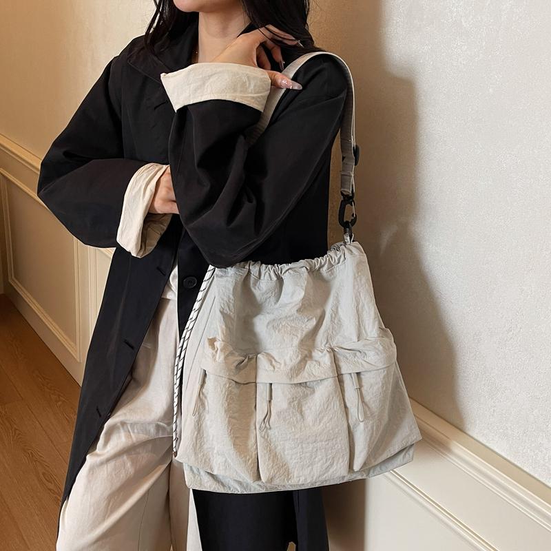 Large Capacity Drawstring Bag Women's Tote Bag Solid Color Shoulder Bag