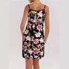 Europe, America, spring and summer new casual fashion flower print loose suspender short round neck medium and long dress