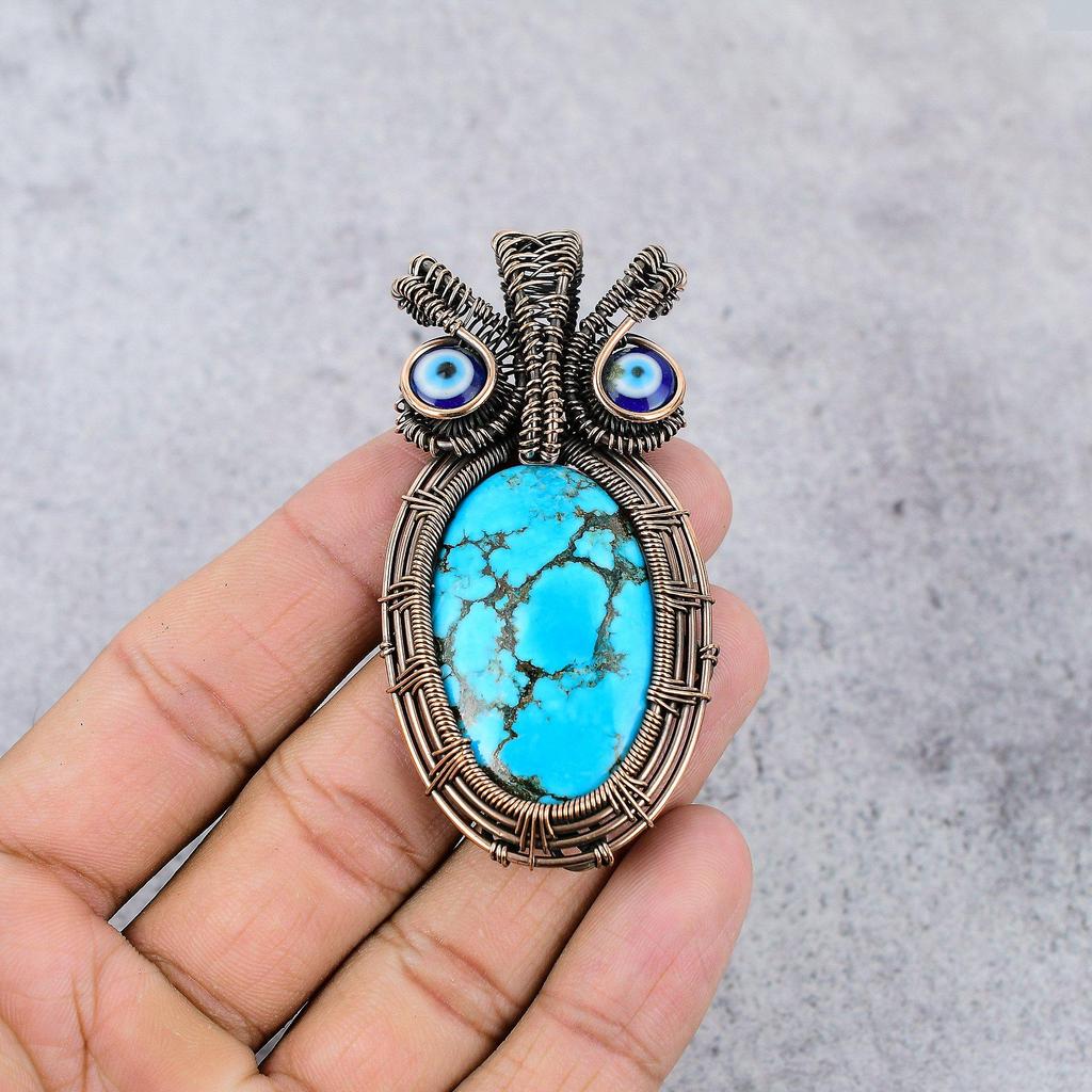 Tibetan Turquoise & Blue Evil Eye Pendant, 999 Copper Wire Wrapped Gemstone Jewelry, Handmade Pendant, For Thanksgiving