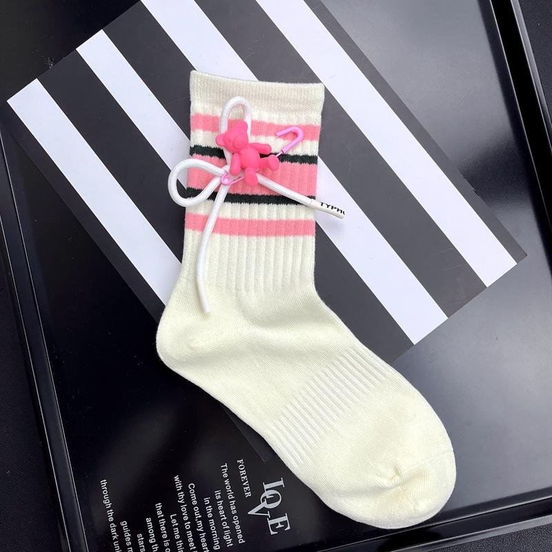 

Pink Striped Bowknot Bear Pin Decorate Kawaii Socks Women Harajuku Lolita Fashion Boot Socks Middle-calf Stockings One Size