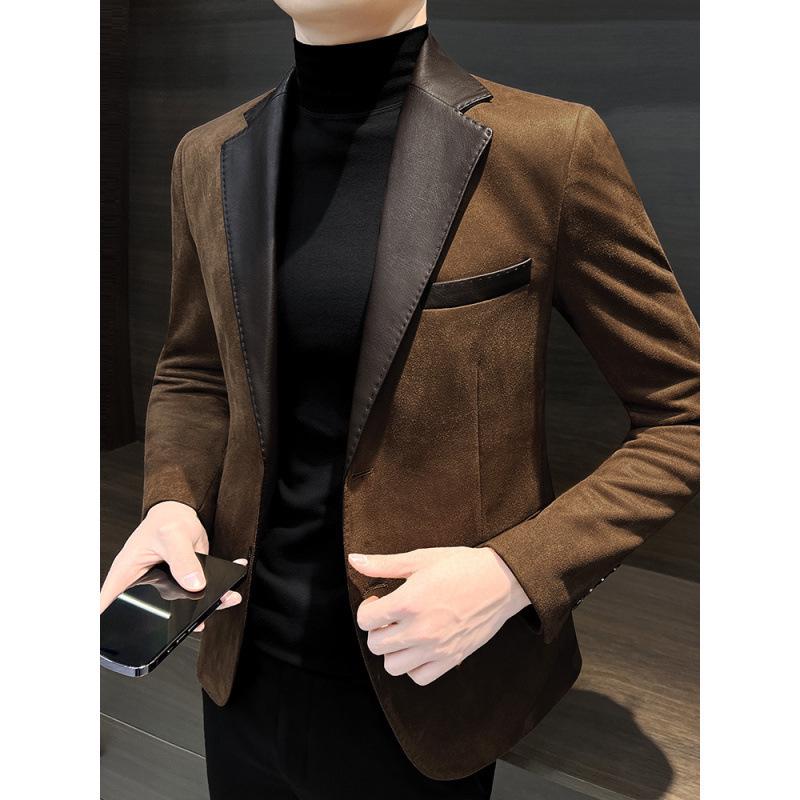 Skórzany 2025 Męski Khaki Szyty Blazer - Styl Hongkoński Jesień/Zima