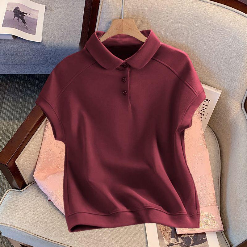 

New Arrival Summer Western Style Fashion T-shirt K-style Pure Cotton Elegant Polo Collar Tops Easiest for Match Loose Western Style Women s Clothing Wine Red [pure color]] XL