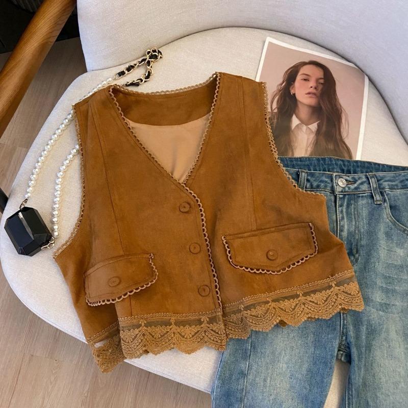Women Lace Patchwork Suede Vest Casual Loose Fit Bohemian Cardigan