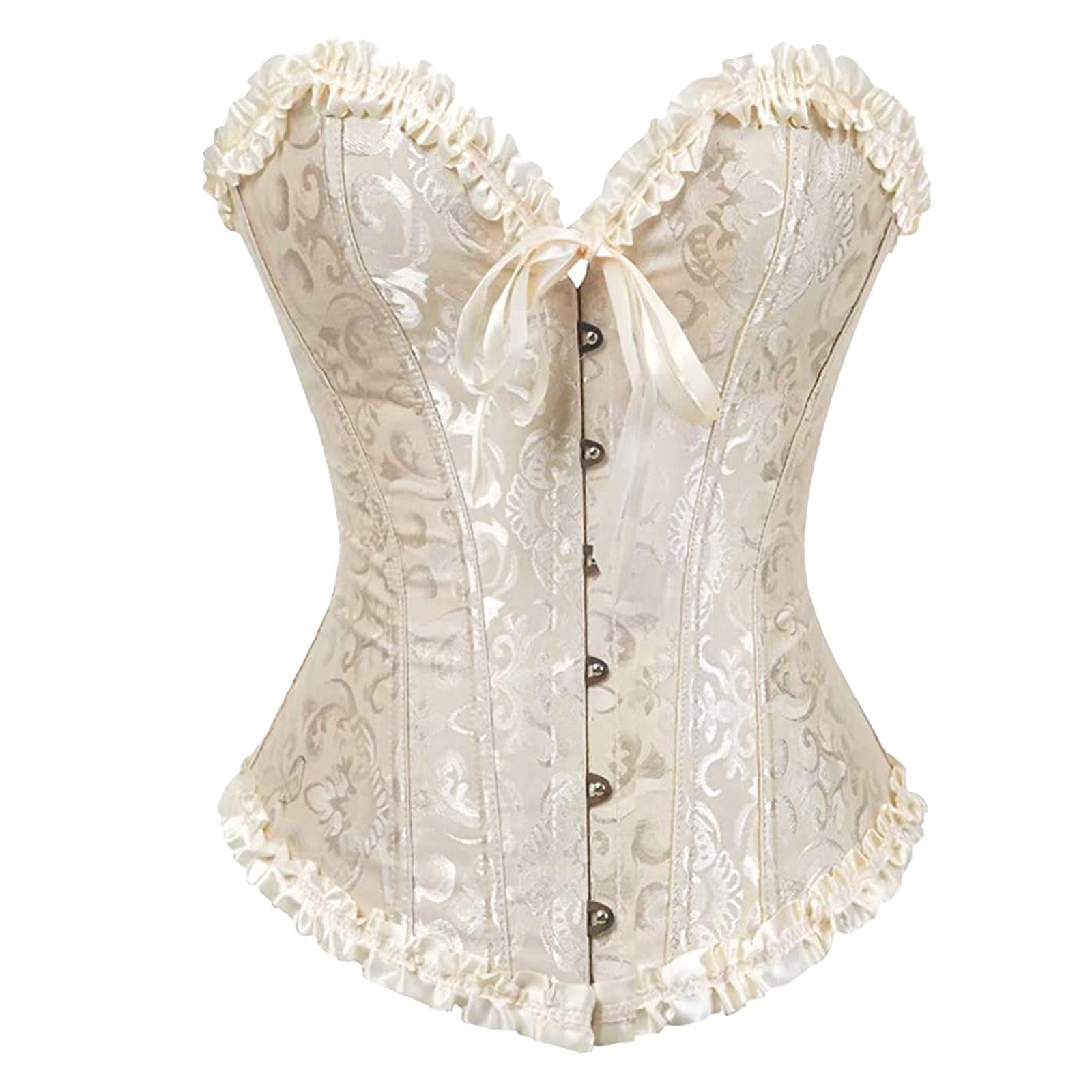 Women s Satin Corset Top Overbust Boned Waist Trainer Bustier with Hook Closure and Ruffle Trim for Costume or Daily Wear S