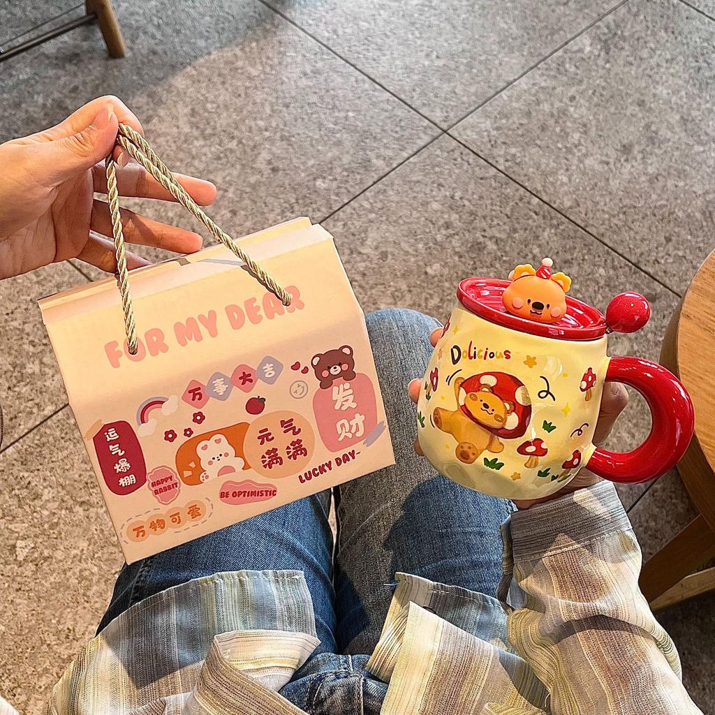 Cute Bear Mug With Lid Spoon High Value Ceramic Water Cup Girls Household Cup Coffee Breakfast Cup Children
