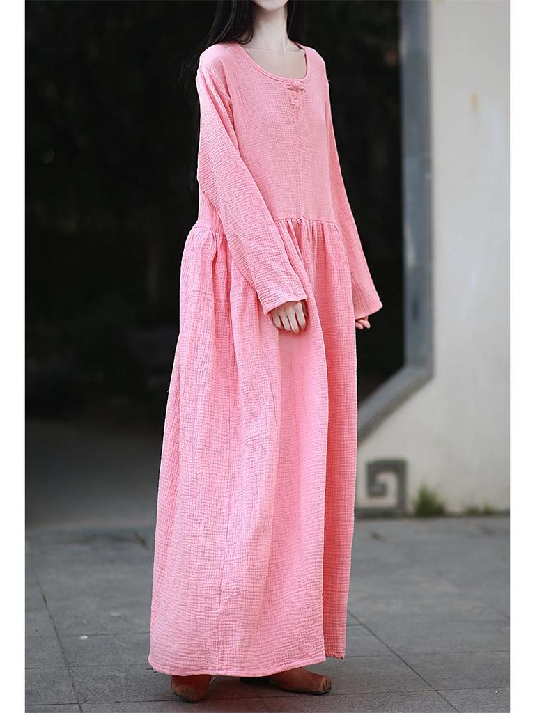 Women's Double-Layer Cotton and Linen Retro Long Dress - Cool, Gentle Style, Available In 4 Colors