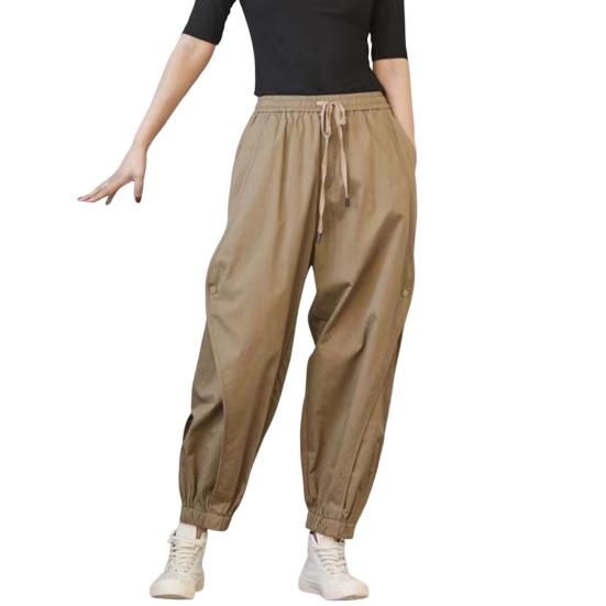 Lady Harem Pants Loose Elastic Waist Solid Color Drawstring Pockets Streetwear Deep Crotch Ankle Banded Aesthetic Lady Cargo Trousers Women Clothing