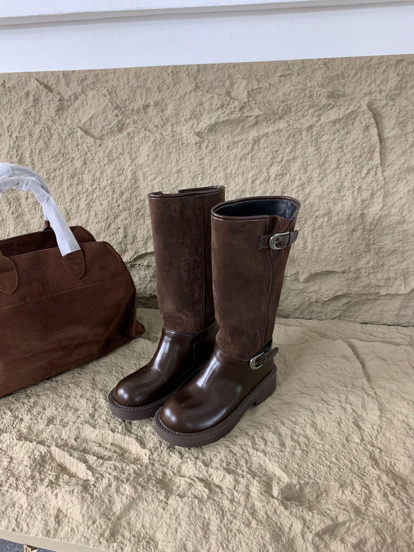 

Coarse heel French retro knee boots women s boots autumn 2025 new splicing tall knight boots 39 коричневый