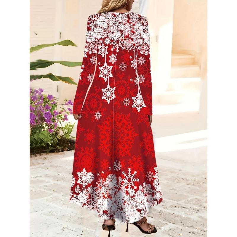 Elegant Women's Long-Sleeve Maxi Dress, Round Neck Long-Sleeve Dress, Printed Fabric, for Home, Vacation, and Commuting, Soft and Breathable Fabric