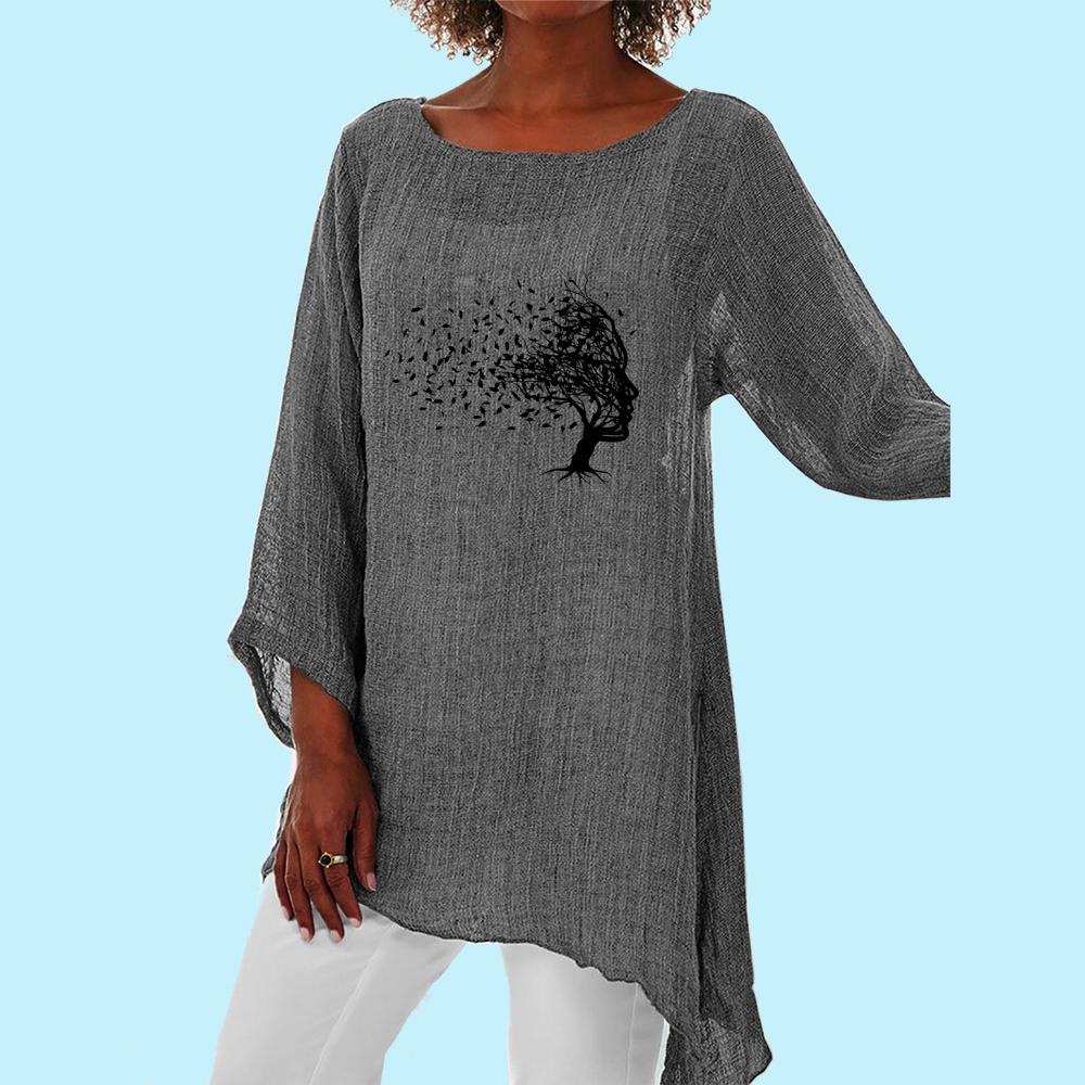 Dámská móda Dlouhá košile s 3/4 rukávem Žena Jaro Léto Neformální Potisk Tenký svetr s kulatým límečkem Volná košile