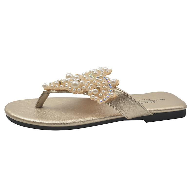 Soft Leather Version~ Beautiful Pearl Toe Flat Bottom Cool Slippers Women Wear Bohemian Holiday Wind Beach Flip-flops