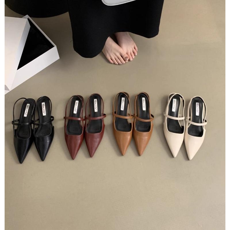 Women Leather Pu Casual Sandals Girl Fashion Mary Jane Shoes Slip On Flats Heels Ladies Pointed Toe Elegant Slingback Sandals
