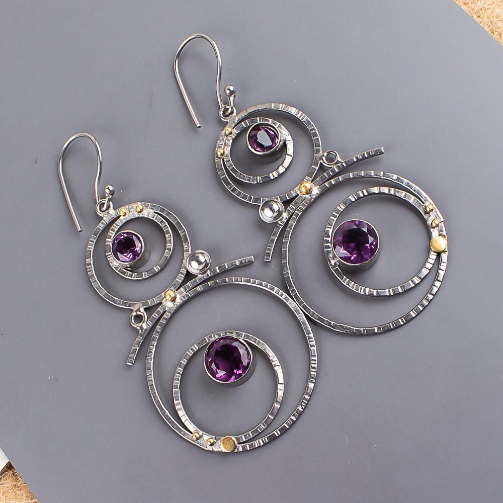 Amethyst Gemstone 925 Sterling Silver Jewelry Handmade Women Earrings 2.86" Gift EE-76-15
