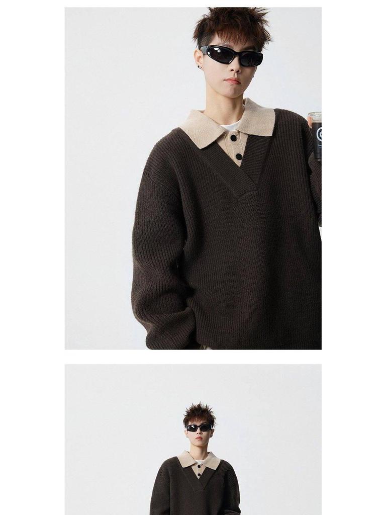 Men's American Retro Faux Two-Piece Polo Collar Sweater - Autumn/Winter Clean Fit Loose Casual Knitwear