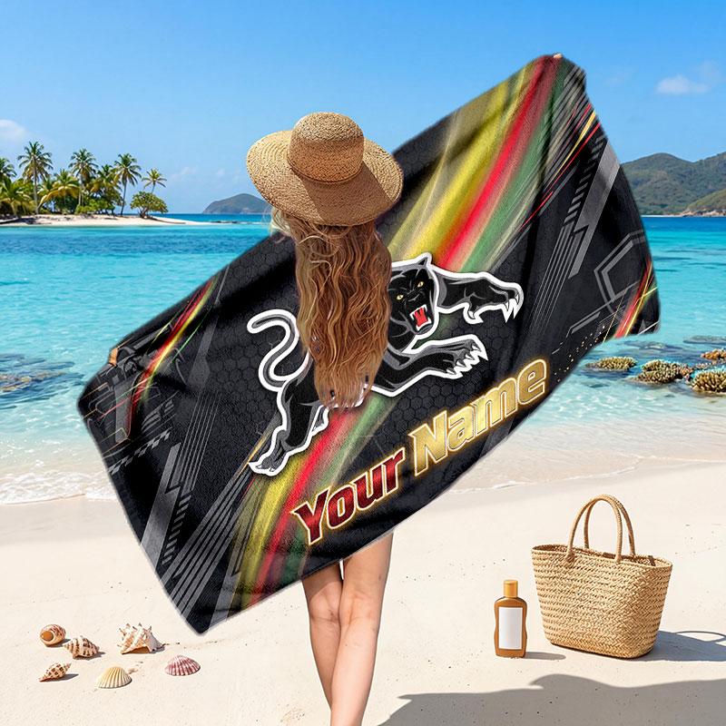 Penrith Panthers Customized Name Text Beach Towel, Soft Absorbent Towel Beach Pool Travel Personal Gift