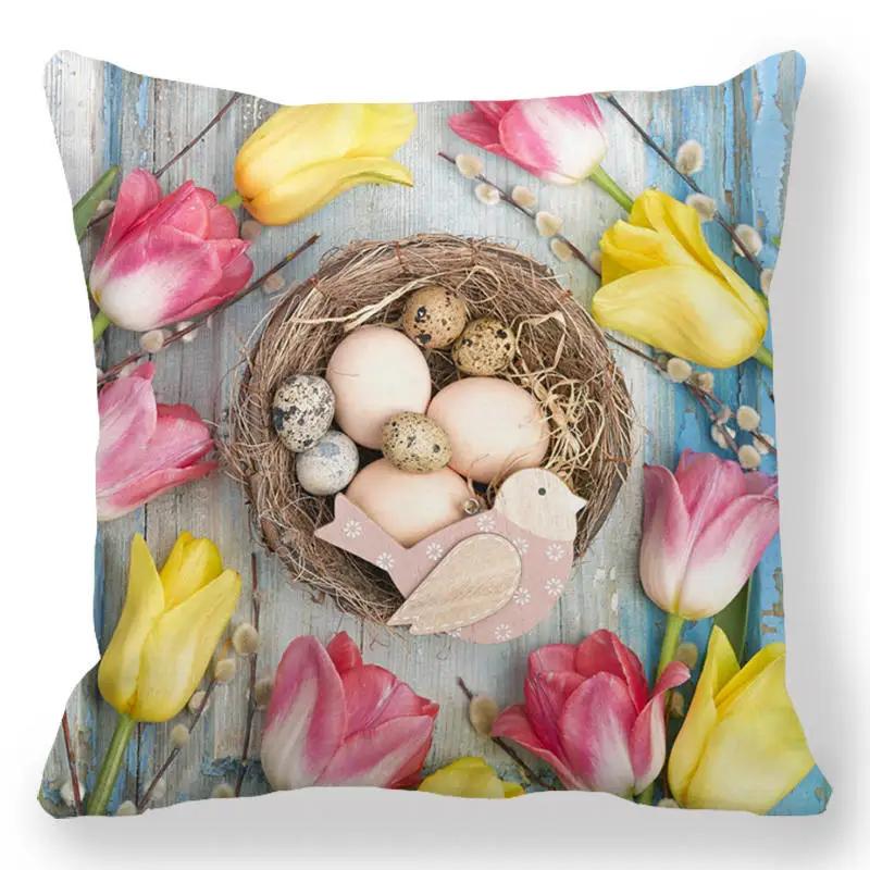 Easter Decorative Pillowcase Cartoon Egg Rabbit Flower Print Cushion Cover Bedroom Room Home Decor 45X45 Cm